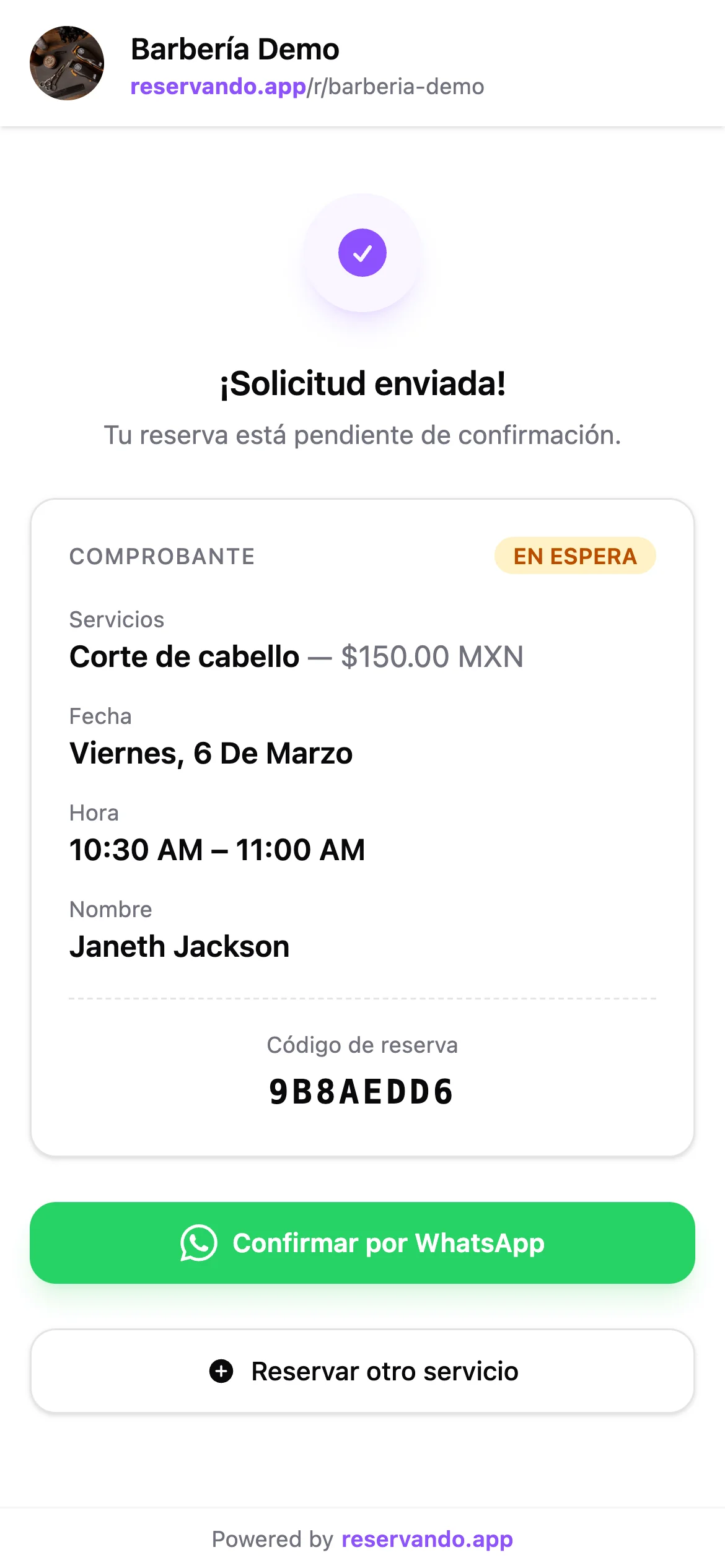 Confirmación de reserva