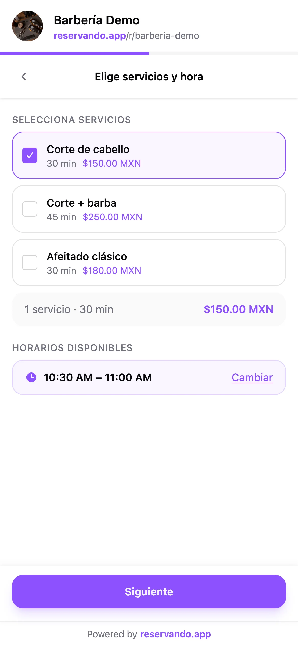 Selección de servicio y horario