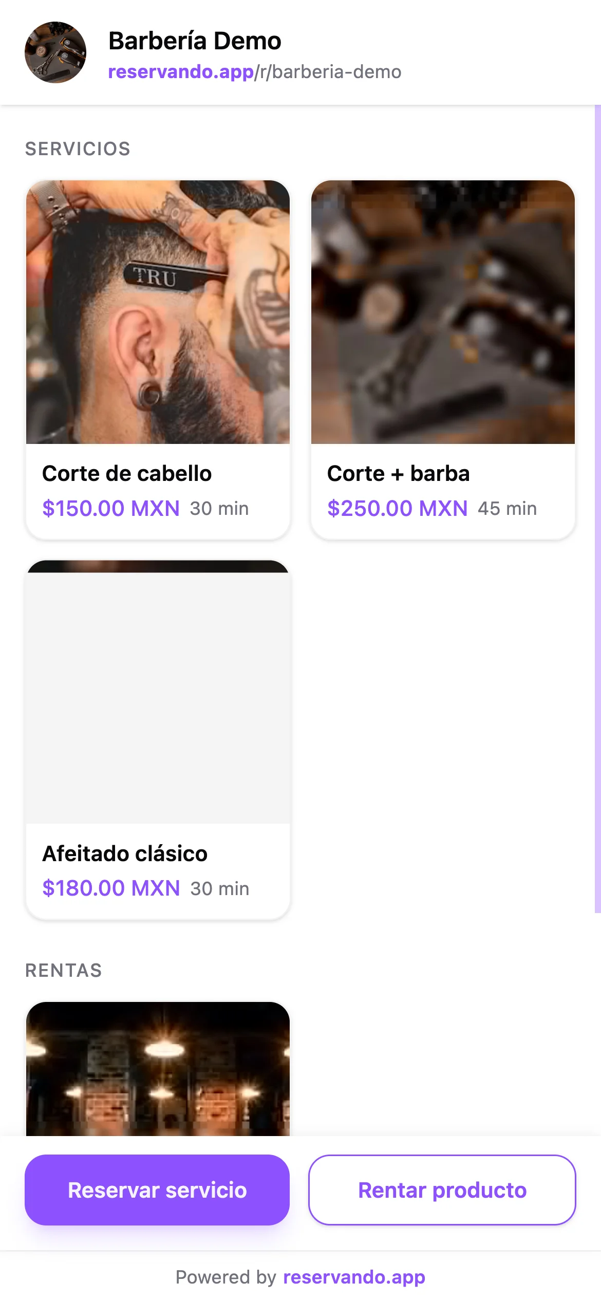 Página pública de reservas con lista de servicios