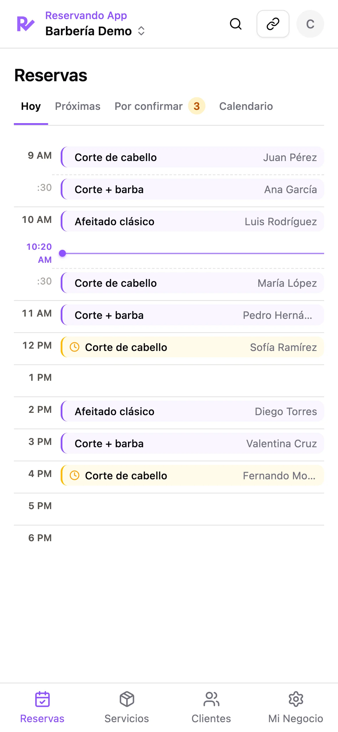 Agenda del día con reservas en Reservando App