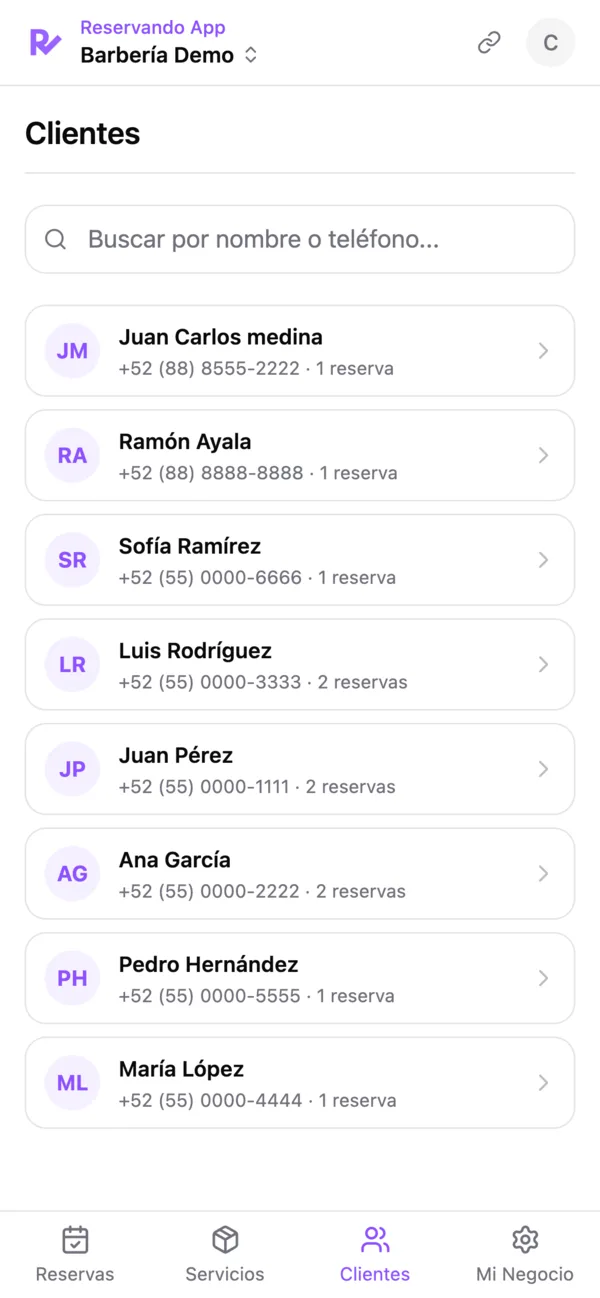 Listado de clientes del negocio